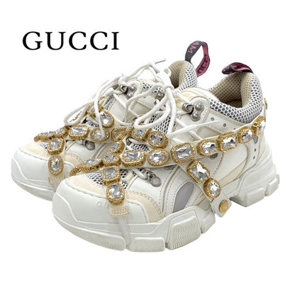 Gucci Flashtrek Sneakers Shoes Leather Fabric White Beige White Gold Logo Bijou