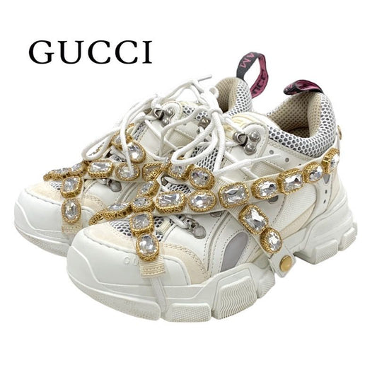 Gucci Flashtrek Sneakers Shoes Leather Fabric White Beige White Gold Logo Bijou