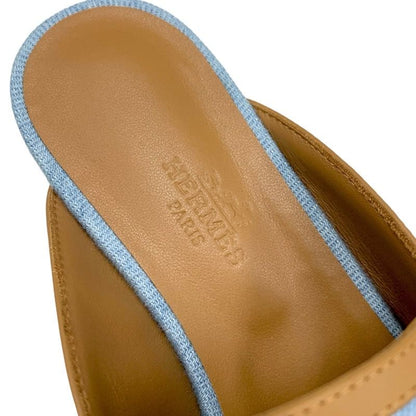 Hermes Groupie Flat Shoes Denim Leather Light Blue Brown Unused Mule Slipper