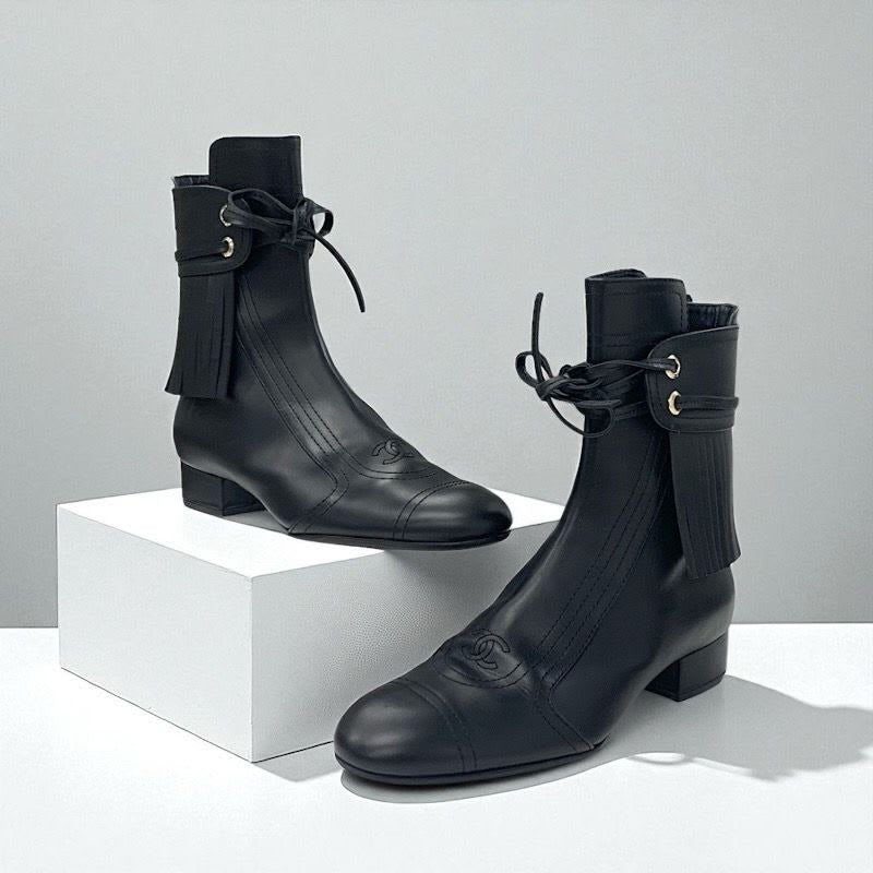 Chanel Boots Short Shoes Leather Black Coco Mark Fringe