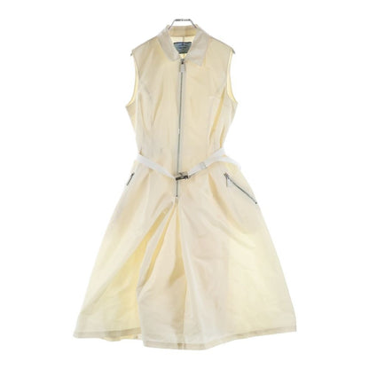 Prada Logo Belt Nylon Half Zip Sleeveless Long Dress Ivory