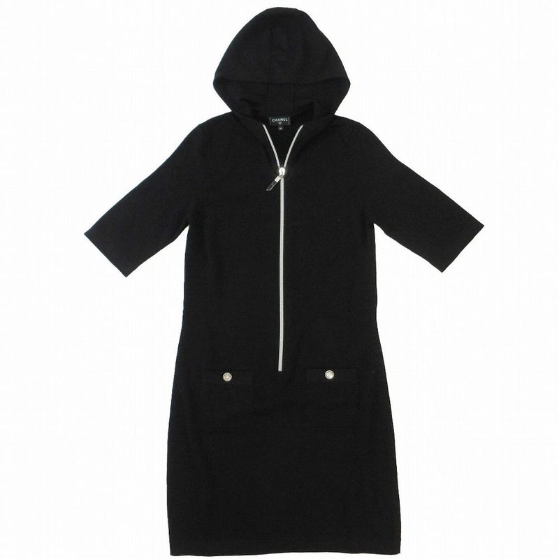 Chanel P78647k11372 Half Zip Cashmere Blend Dress Coco Logo Button Black Size