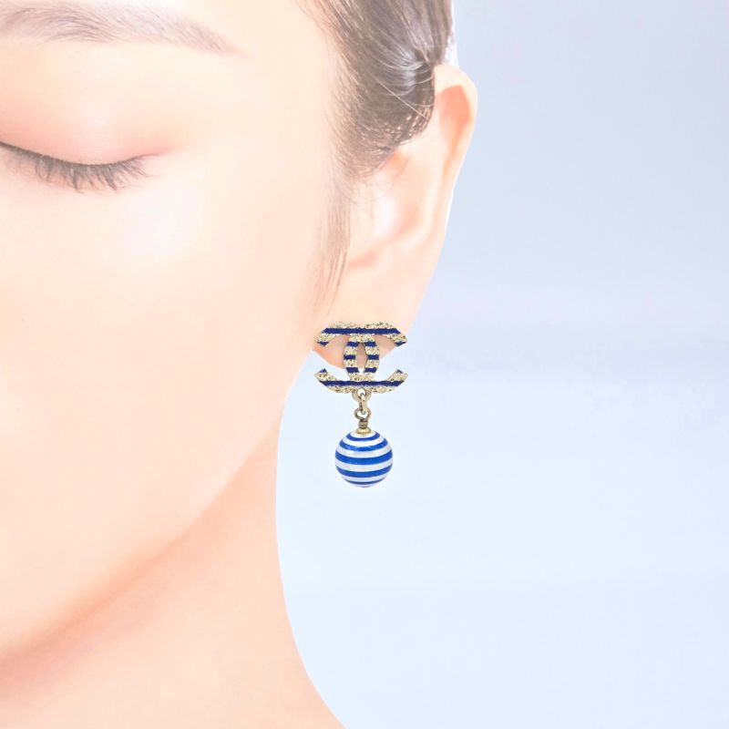 Chanel Coco Mark Earrings Binaural Ball Drop Border Blue/silver Color Gold