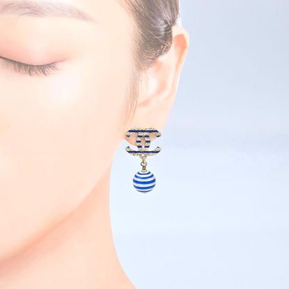 Chanel Coco Mark Earrings Binaural Ball Drop Border Blue/silver Color Gold