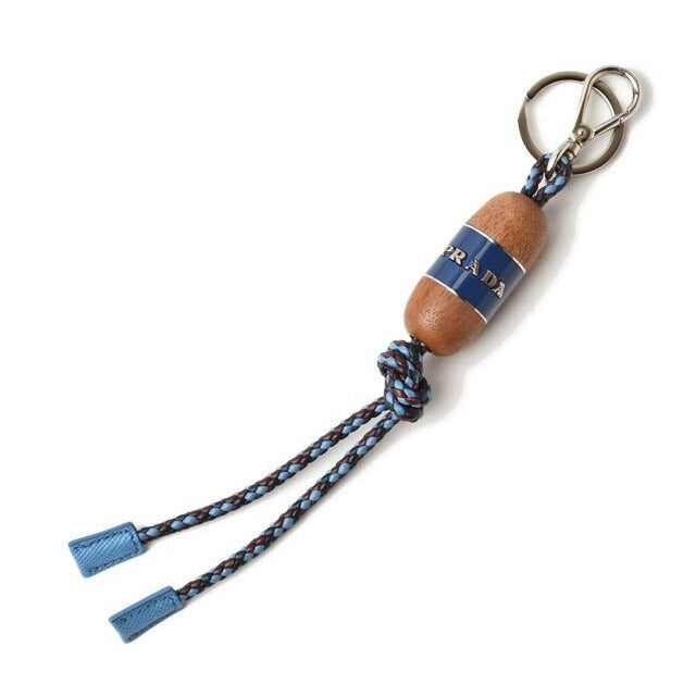 Prada Key Ring Holder Wood Intrecciato Blue Light