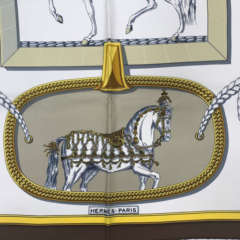 Hermes Carre 90 Grand Apparat Horse In Full Dress Brown X Gold X White Scarf