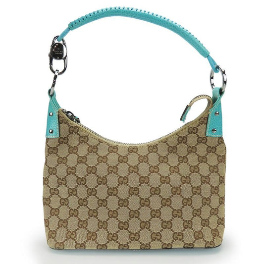 Gucci Shoulder Bag GG Canvas Leather Beige Blue Silver Hardware