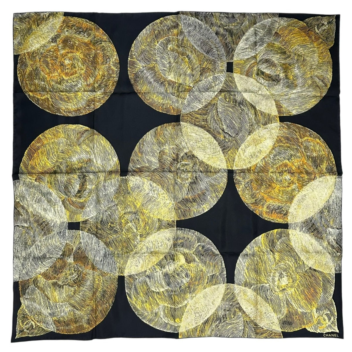Chanel Scarf Camellia CC Logo Silk Black Yellow — view 2