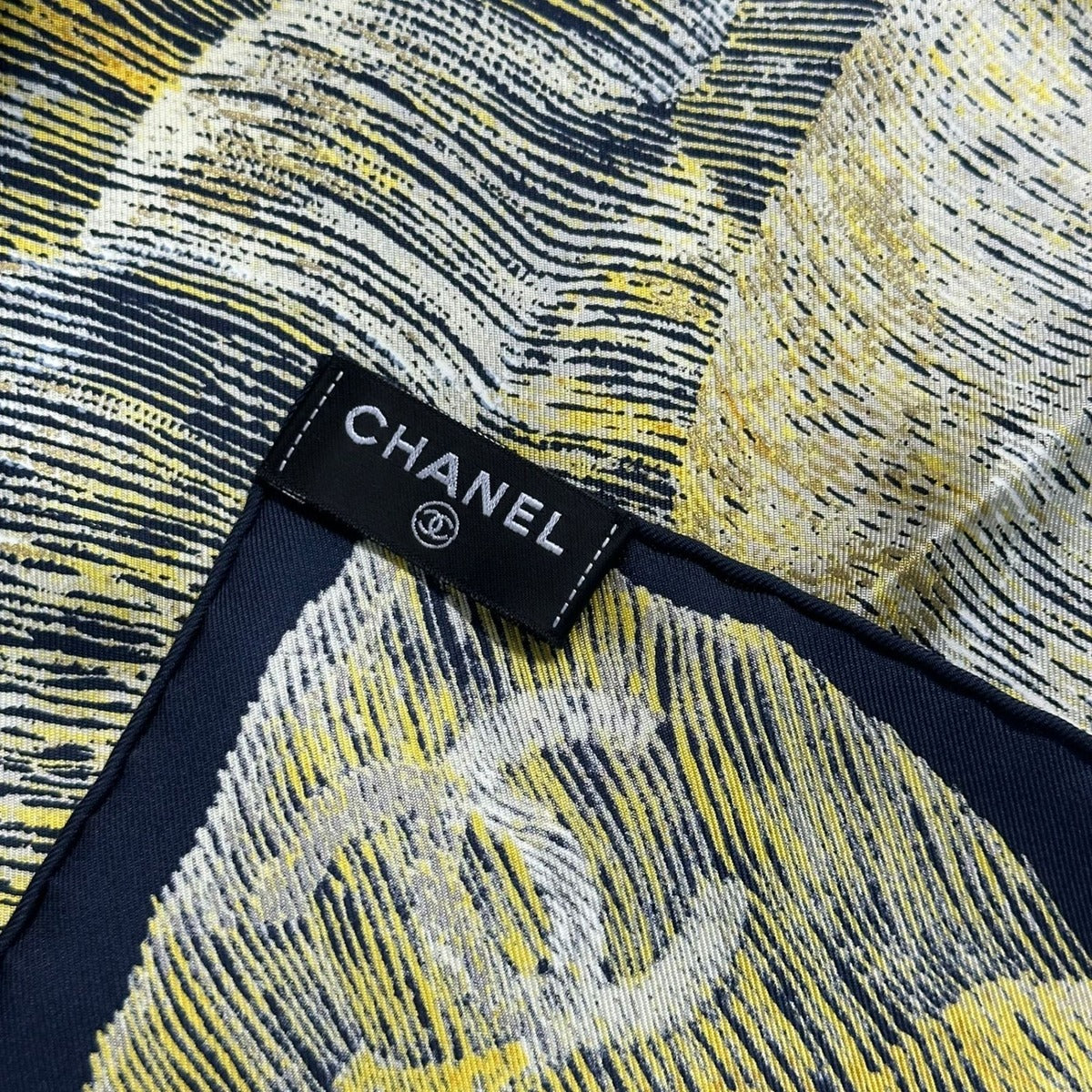 Chanel Scarf Camellia CC Logo Silk Black Yellow — view 9