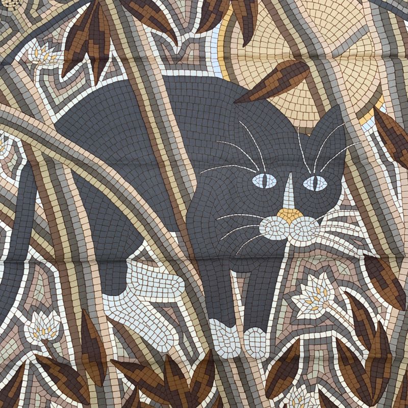 Hermes Carre 90 CAVE Felem Note The Cat Beige Scarf 100% Silk