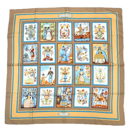 Hermes Carre 90 Imagerie Popular Prints Beige Scarf Silk