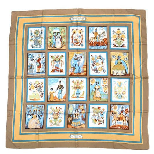 Hermes Carre 90 Imagerie Popular Prints Beige Scarf Silk