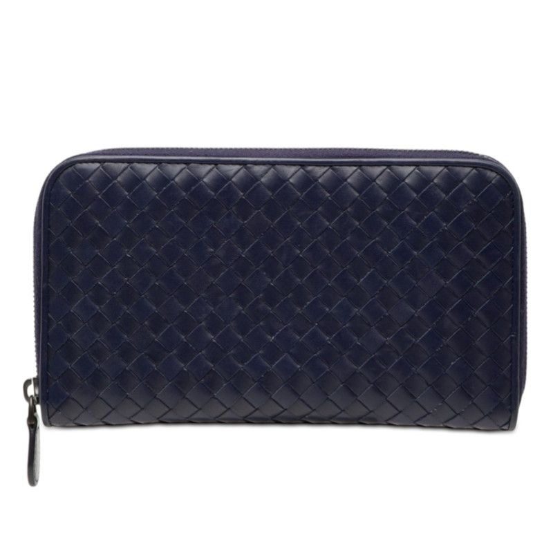 Bottega Veneta Intrecciato Zip Around Wallet Navy Leather