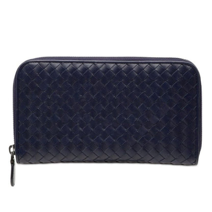 Bottega Veneta Intrecciato Zip Around Wallet Navy Leather