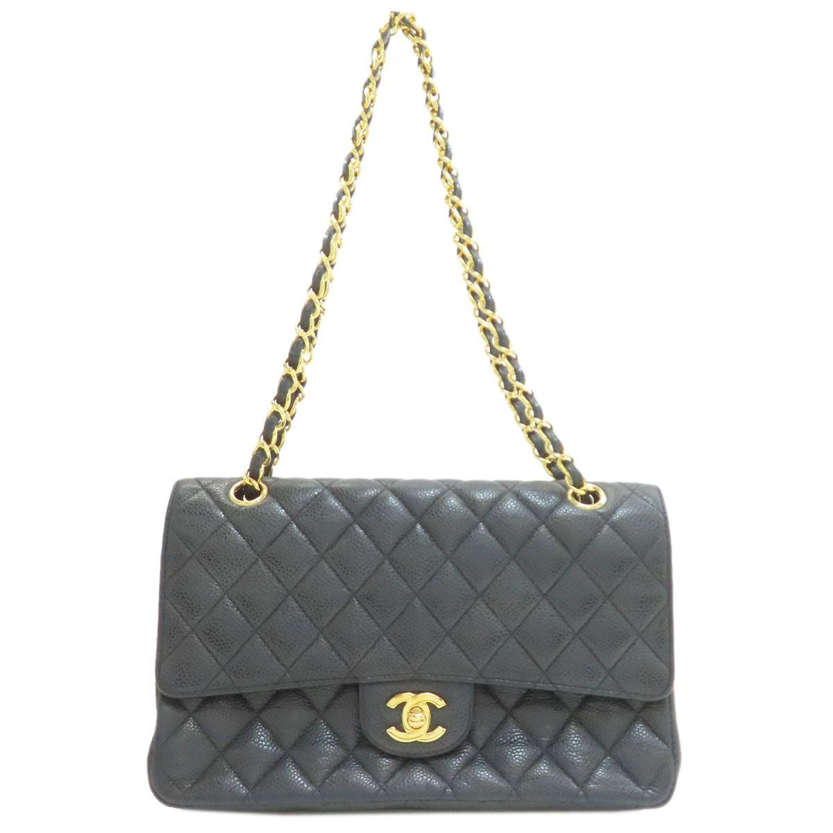 Chanel Quilted Double Flap Gold Shoulder Bag Grained Calfskin
