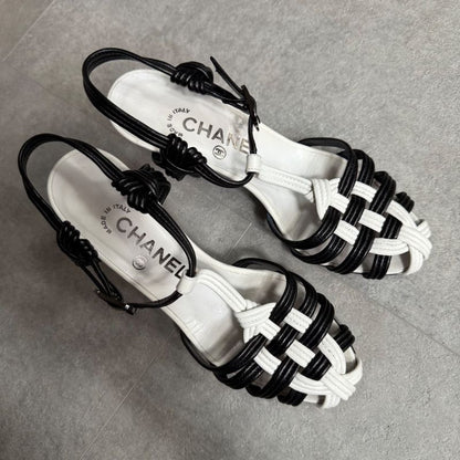 Chanel Coco Mark Charm Braided Leather Sandals Black White Bicolor 35 22cm