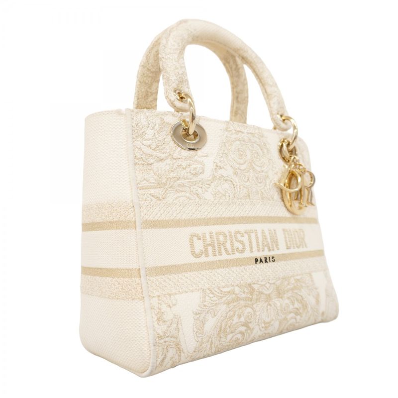 Christian Dior Handbag Lady Dior Dee Lite Canvas White Gold Chien Pan Gold