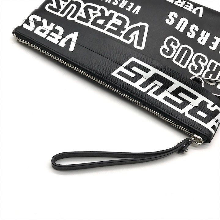 Versace Lion Logo Strap Pouch Clutch Second Black Leather
