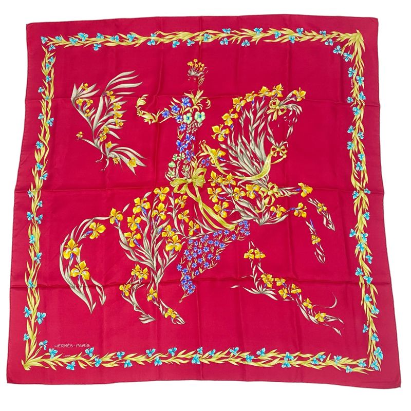 Hermes Carre 90 Scarf Silk Hd'origny Blooming Horse Red