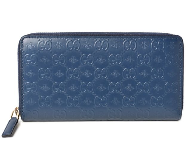 Gucci Wallet Unisex Long Wallet Round Zipper Leather Bee And GG Blue 406609