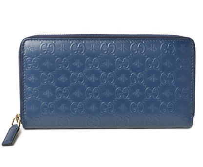 Gucci Wallet Unisex Long Wallet Round Zipper Leather Bee And GG Blue 406609