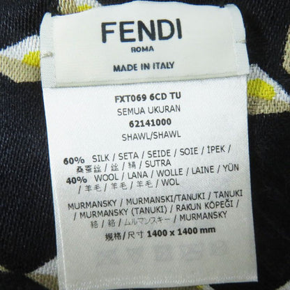 Fendi Fxt069 Silk Blend Raccoon Fur Zucca Pattern Scarf Black Yellow Beige