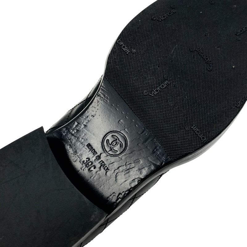 Chanel Loafer Leather Shoes Leather Black Silver Matelasse Here Mark