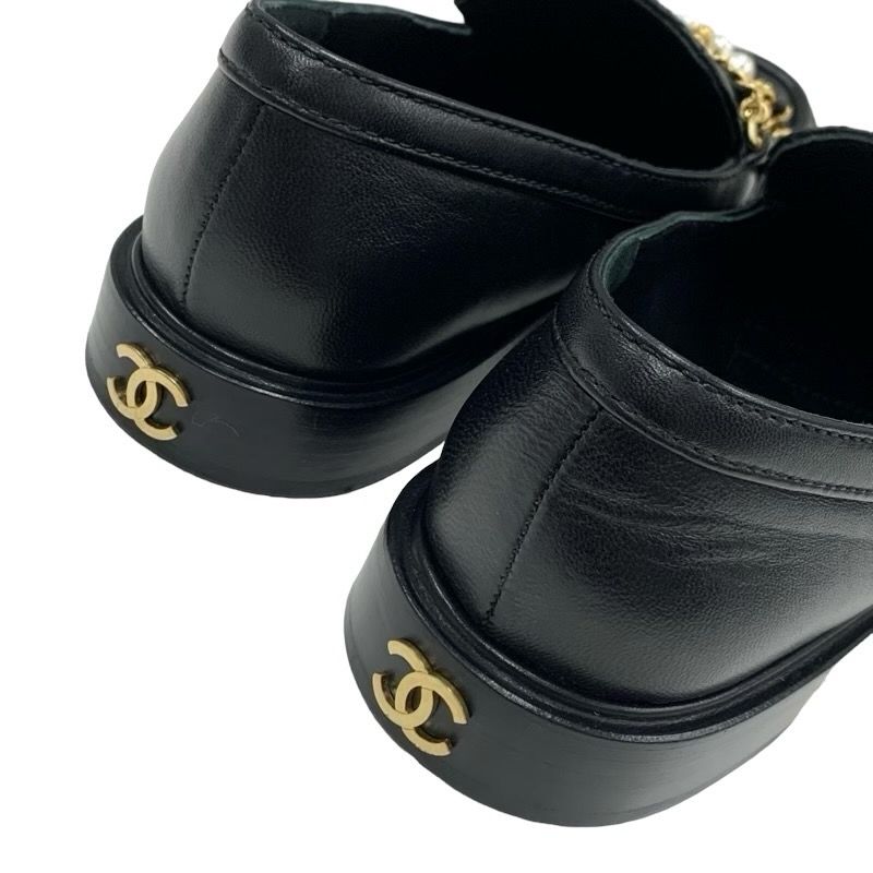 Chanel Loafer Leather Shoes Leather Black Gold Here Mark Chain Matelasse Pearl