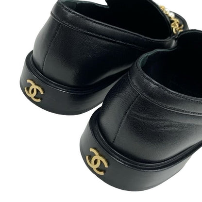 Chanel Loafer Leather Shoes Leather Black Gold Here Mark Chain Matelasse Pearl