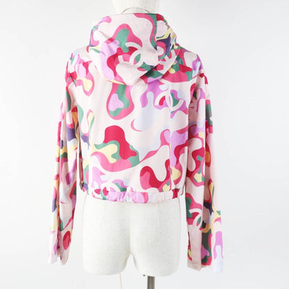 CHANEL 21AW P70173 100% Silk Logo Print Hooded Zip-up Jacket/blouson Multi 34