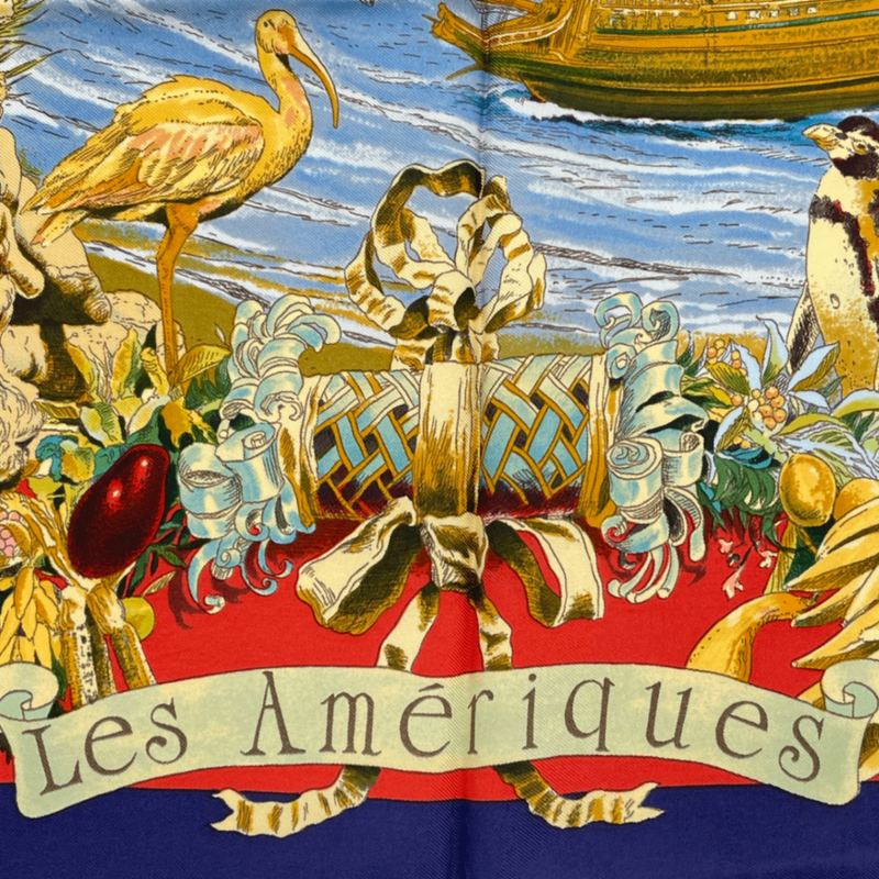 Hermes Carre 90 Scarf Les Ameriques Americas Columbus Silk Navy Multicolor