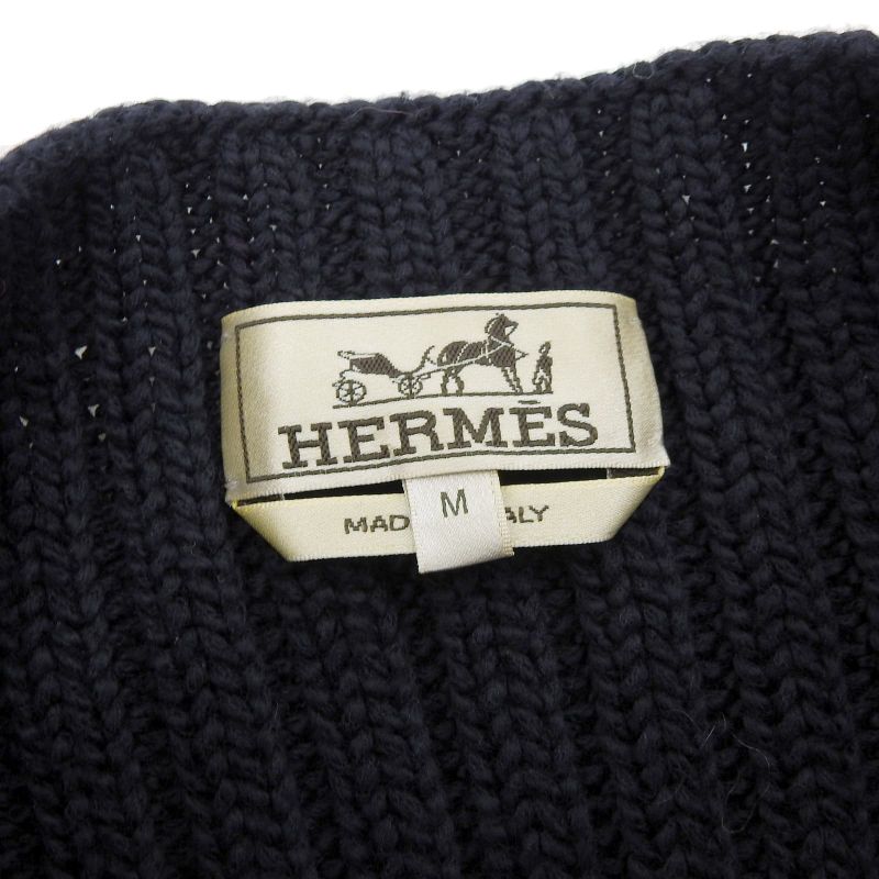 Hermes 2021 100% Cotton Leather Braided Mock Neck Long Sleeve Knit Navy M Made