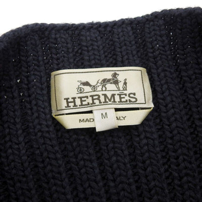 Hermes 2021 100% Cotton Leather Braided Mock Neck Long Sleeve Knit Navy M Made