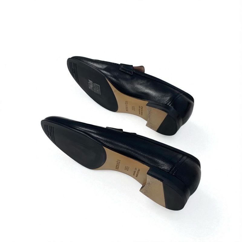 Hermes Paris Loafers Shoes Leather Black Silver Moccasins Flat Hhardware
