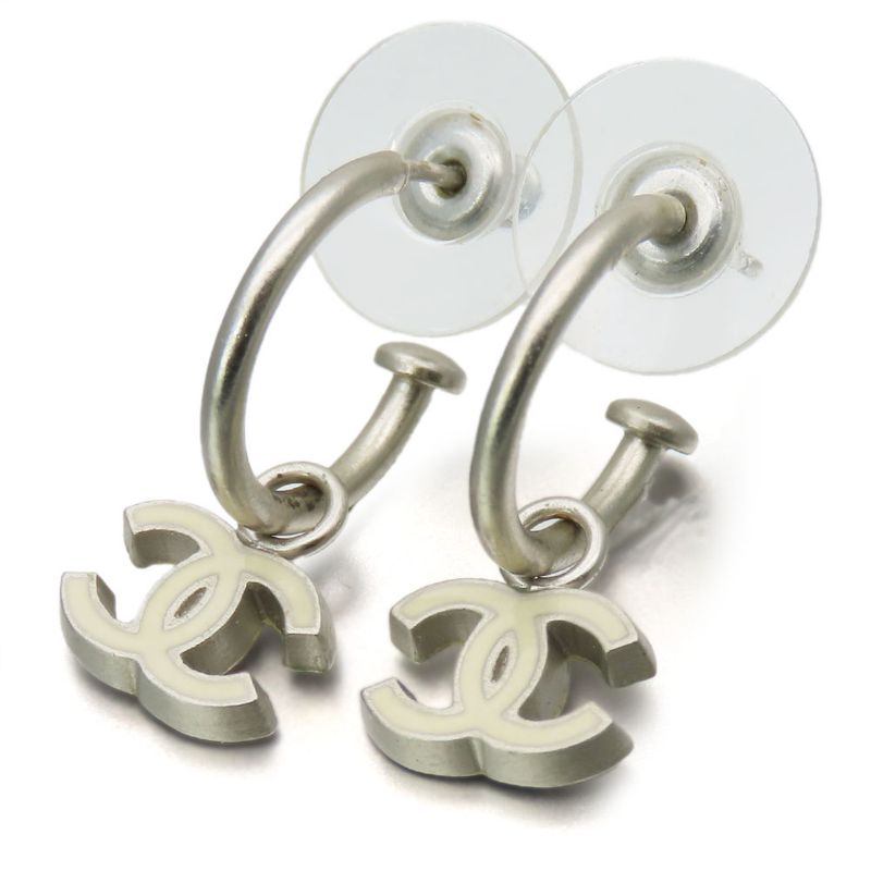 Chanel Earrings Coco Mark Metal White Silver Hardware Accessories Plated Half