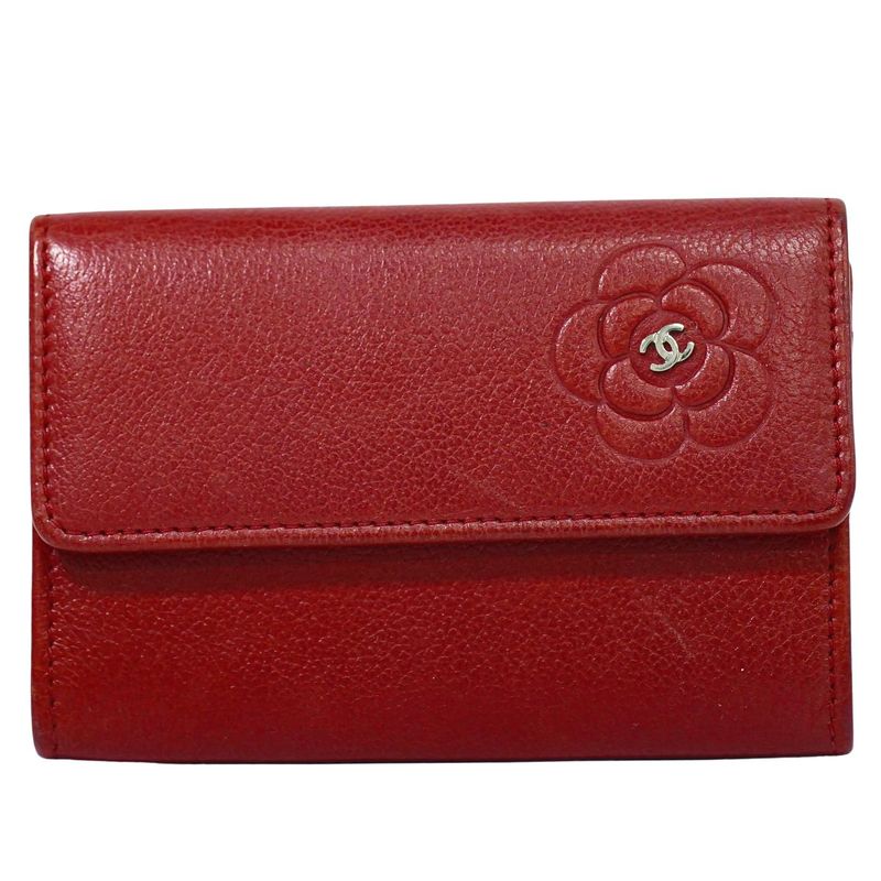 Authentic Chanel Coco Mark Camellia Card Case Business Card Holder Leather Red