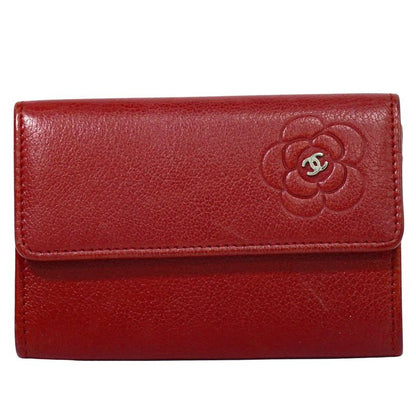 Authentic Chanel Coco Mark Camellia Card Case Business Card Holder Leather Red