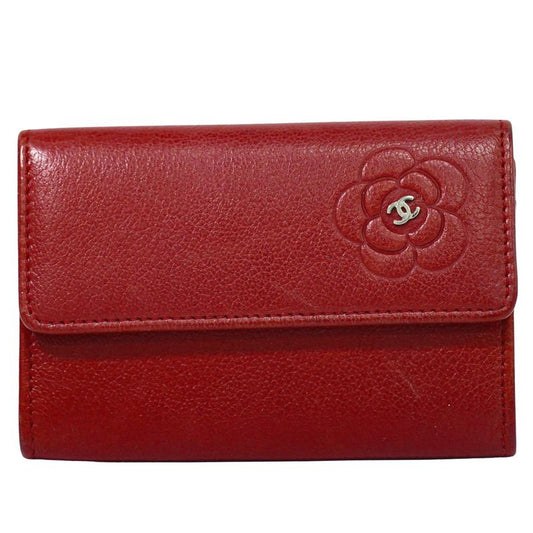 Authentic Chanel Coco Mark Camellia Card Case Business Card Holder Leather Red