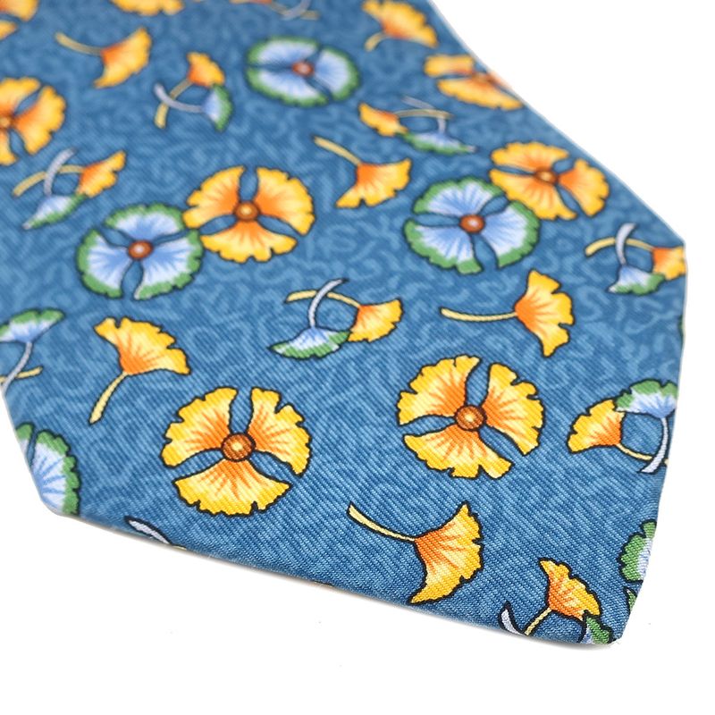 Hermes Tie Botanical Pattern 9cm (3.54in) Silk Blue and Multicolor Blue Ginkgo