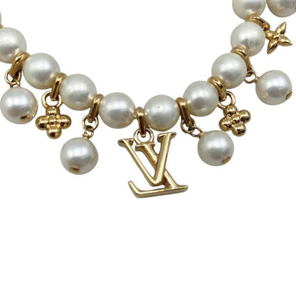 Louis Vuitton Bracelet Pearl River M1685a Monogram Flower LV Logo White Gold