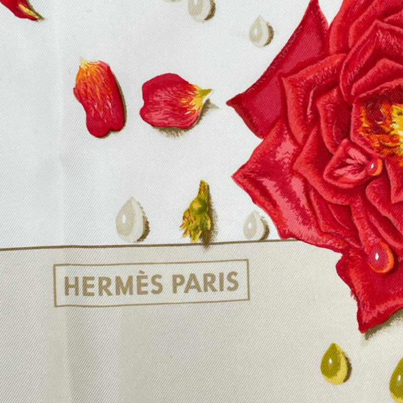 Hermes Carre 90 LA Rosee Anne Gavarni Rose Drop Scarf Silk Beige