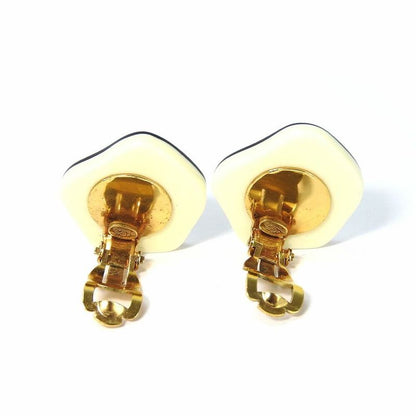 Chanel Earring Camellia Coco Mark White Black Gold Plated GP 03P Accessory
