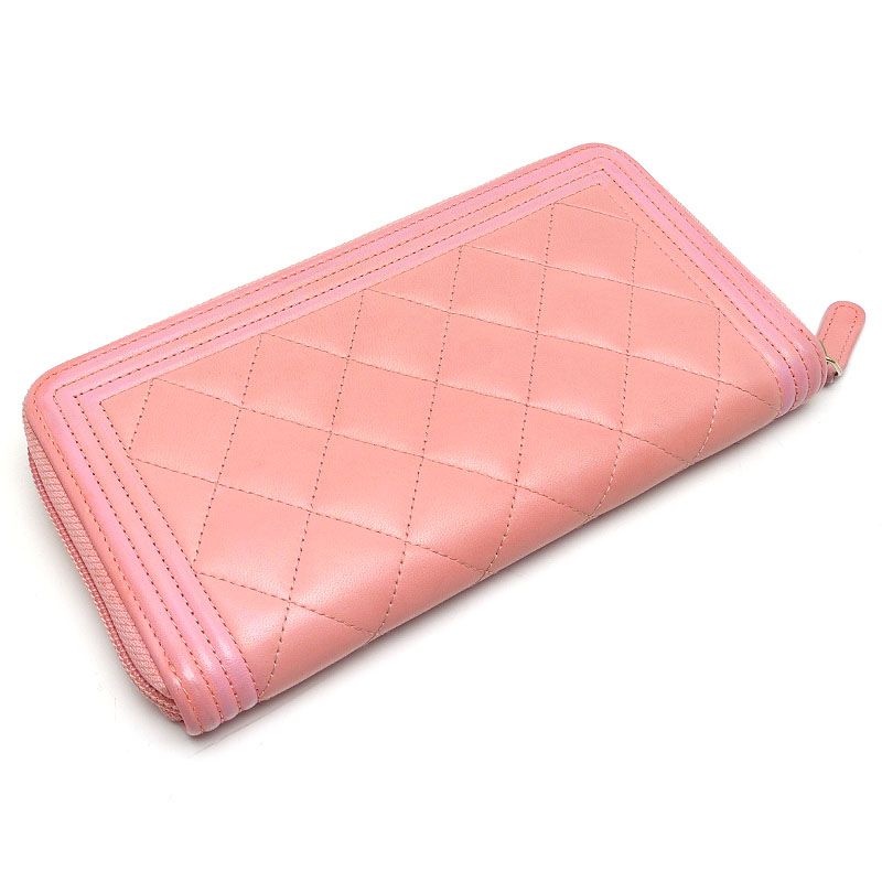 Chanel Round Zip Long Wallet Boy Chanel Coco Mark Pink Authenticity With Box