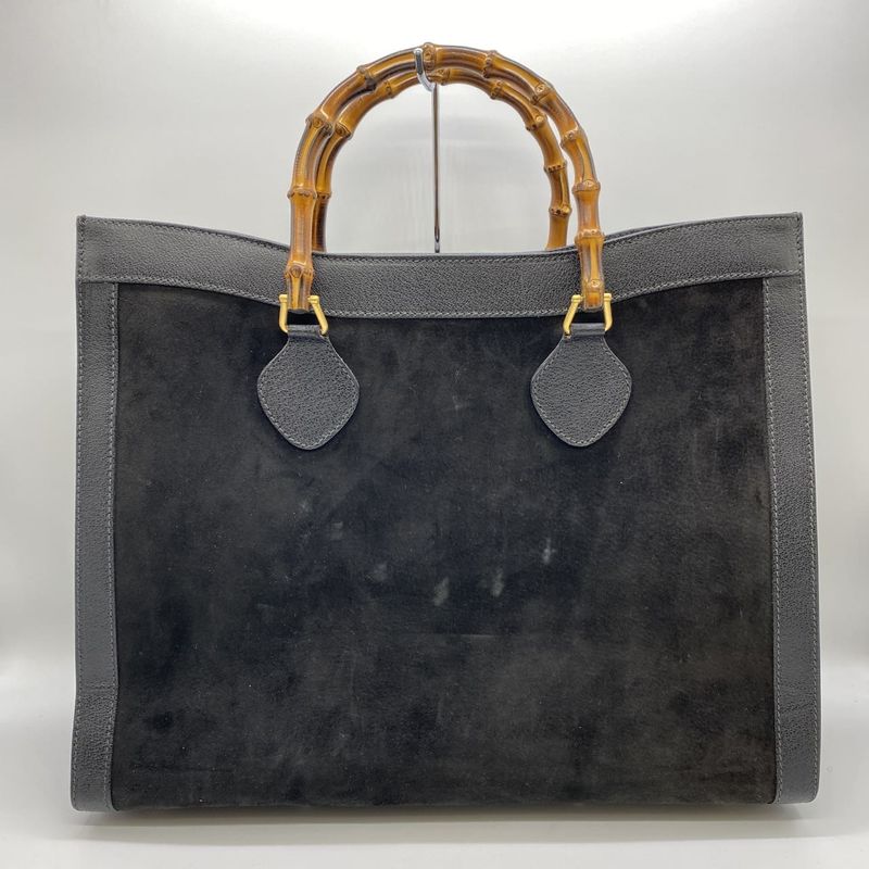 Gucci 002 853 Tote Bag Bamboo Suede Leather Black Ladies Men Vintage