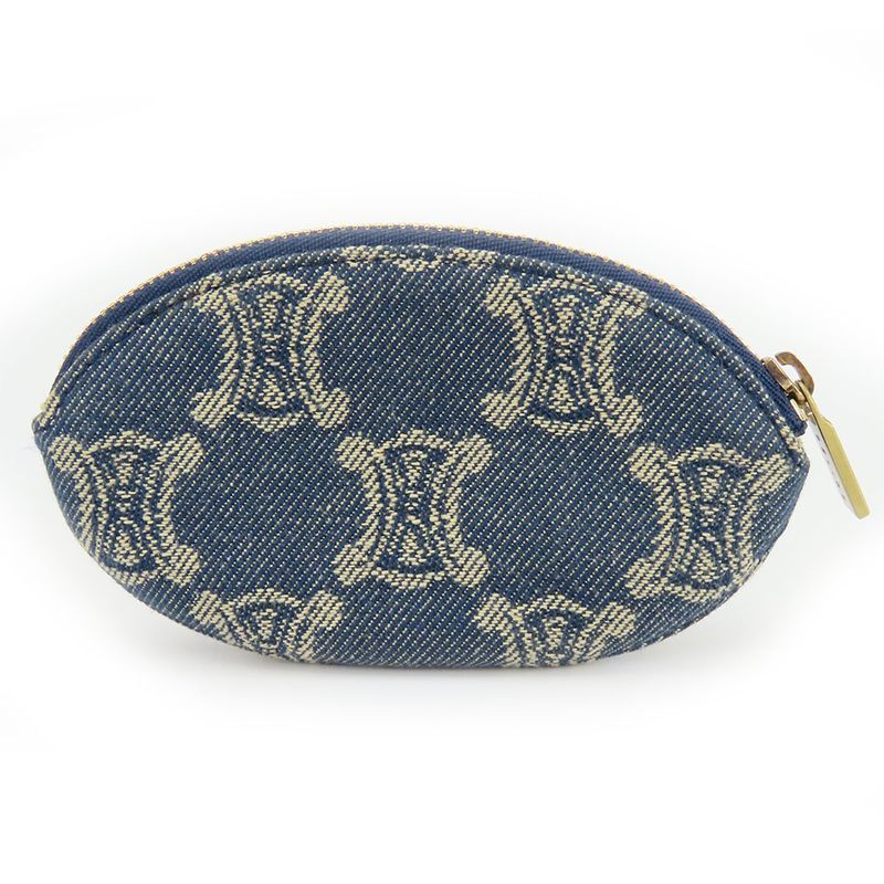Celine Coin Case Macadam Denim Leather Blue Brown Gold Hardware Key Ring Small