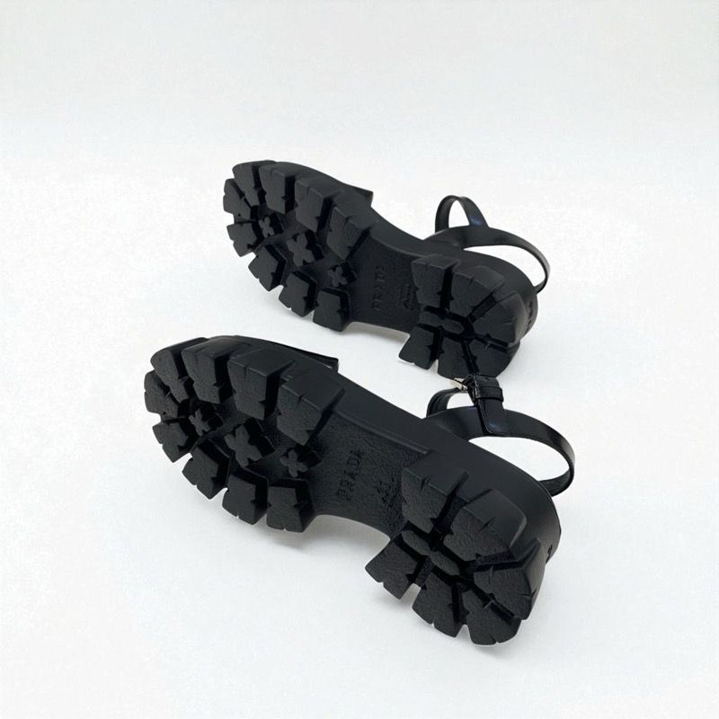 Prada Monolith Sandals Shoes Leather Black Logo Platform Strap