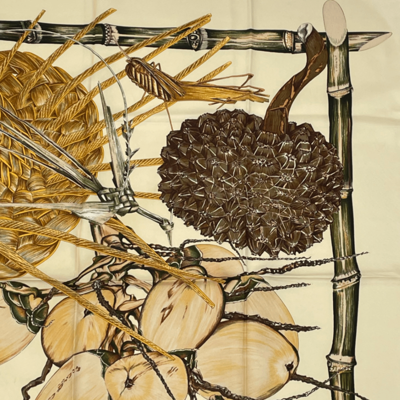 Hermes Carre 90 Jardin Creole Cles Or's Paradise Silk Scarf Beige And Yellow