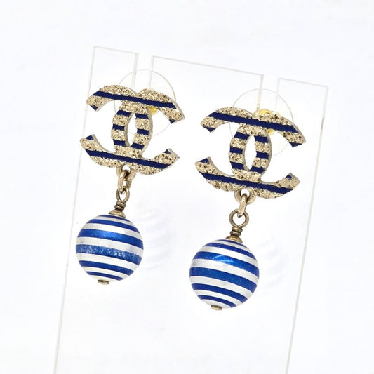 Chanel Coco Mark Earrings Binaural Ball Drop Border Blue/silver Color Gold