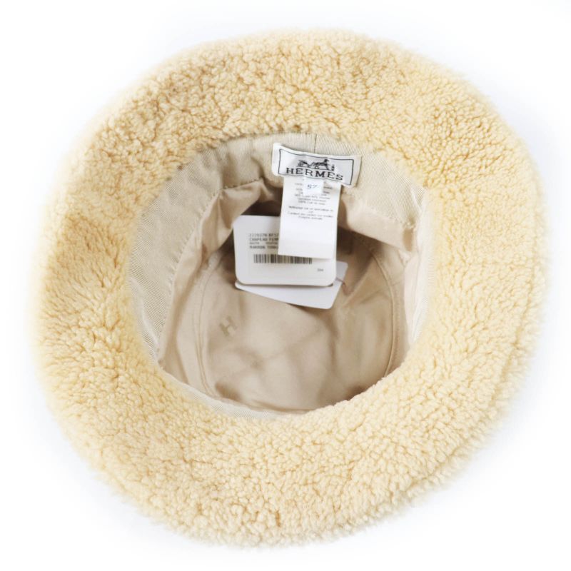 Hermes Fauve Mouton Bucket Hat/hat With Leather Patch Beige 57 Made In France