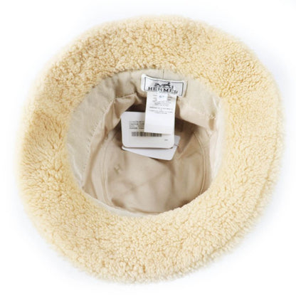 Hermes Fauve Mouton Bucket Hat/hat With Leather Patch Beige 57 Made In France